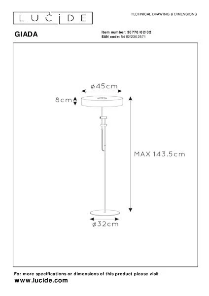 Lucide GIADA - Vloerlamp - Ø 45 cm - 2xE27 - Mat Goud / Messing - technisch